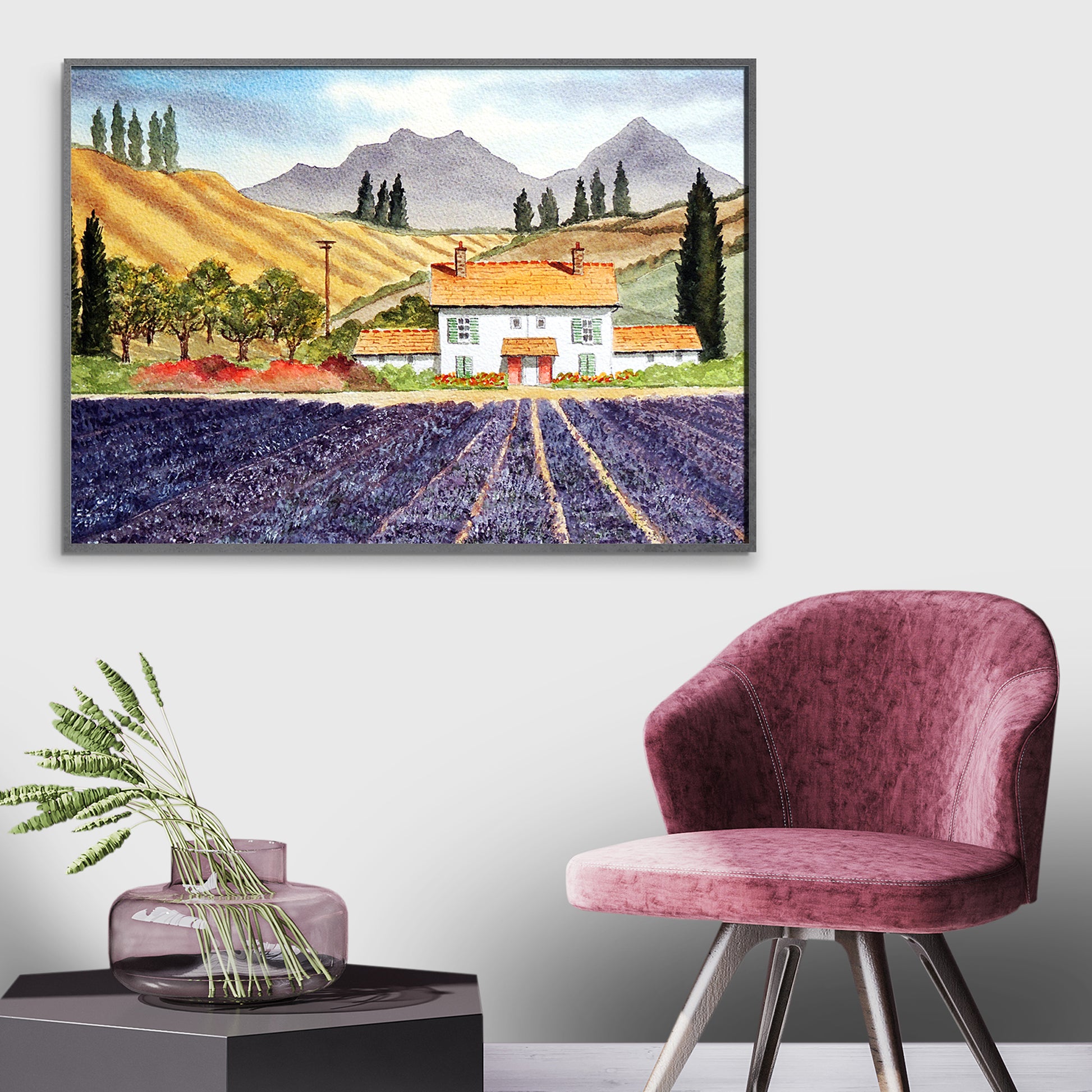 Watercolor Art Print of Lavender Fields Provence France