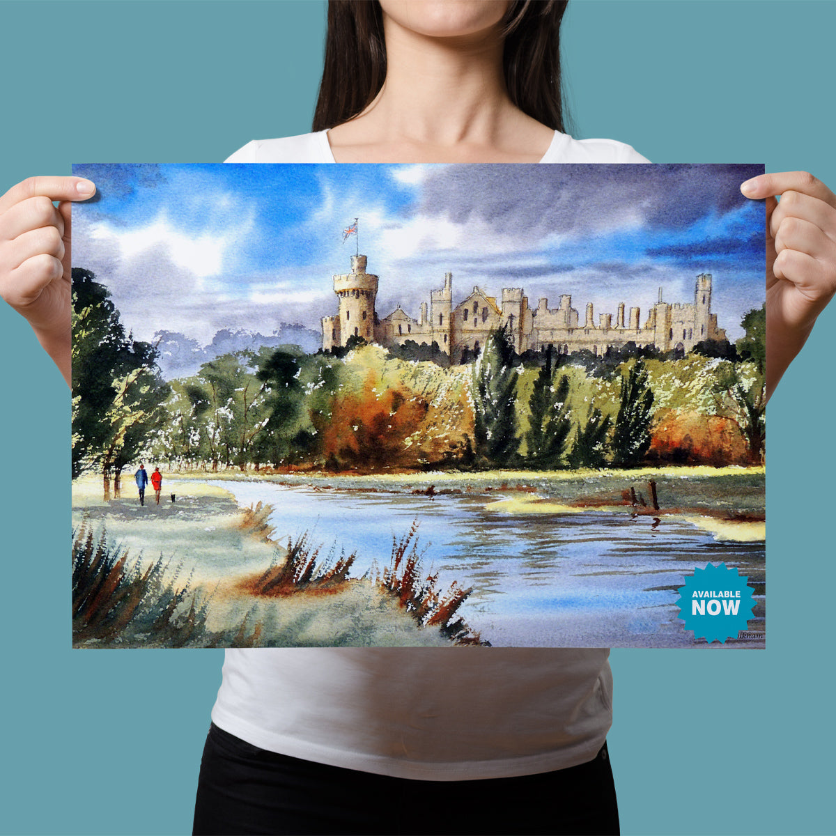 Watercolor art print of Arundel Castle by the River Arun, perfect for classic home or office decor.