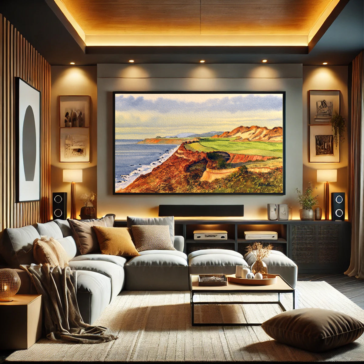 Golf-themed watercolor print of Bandon Dunes Golf Course Oregon Hole 13 for office or study.