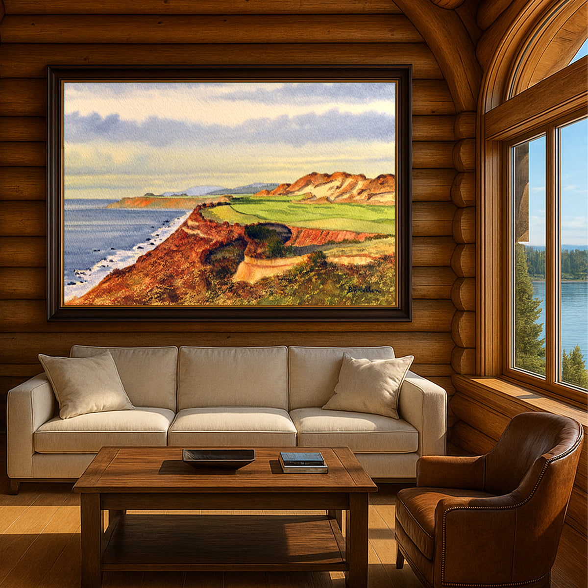 Scenic view of Bandon Dunes Golf Course Oregon Hole 13 in unframed watercolor art style.