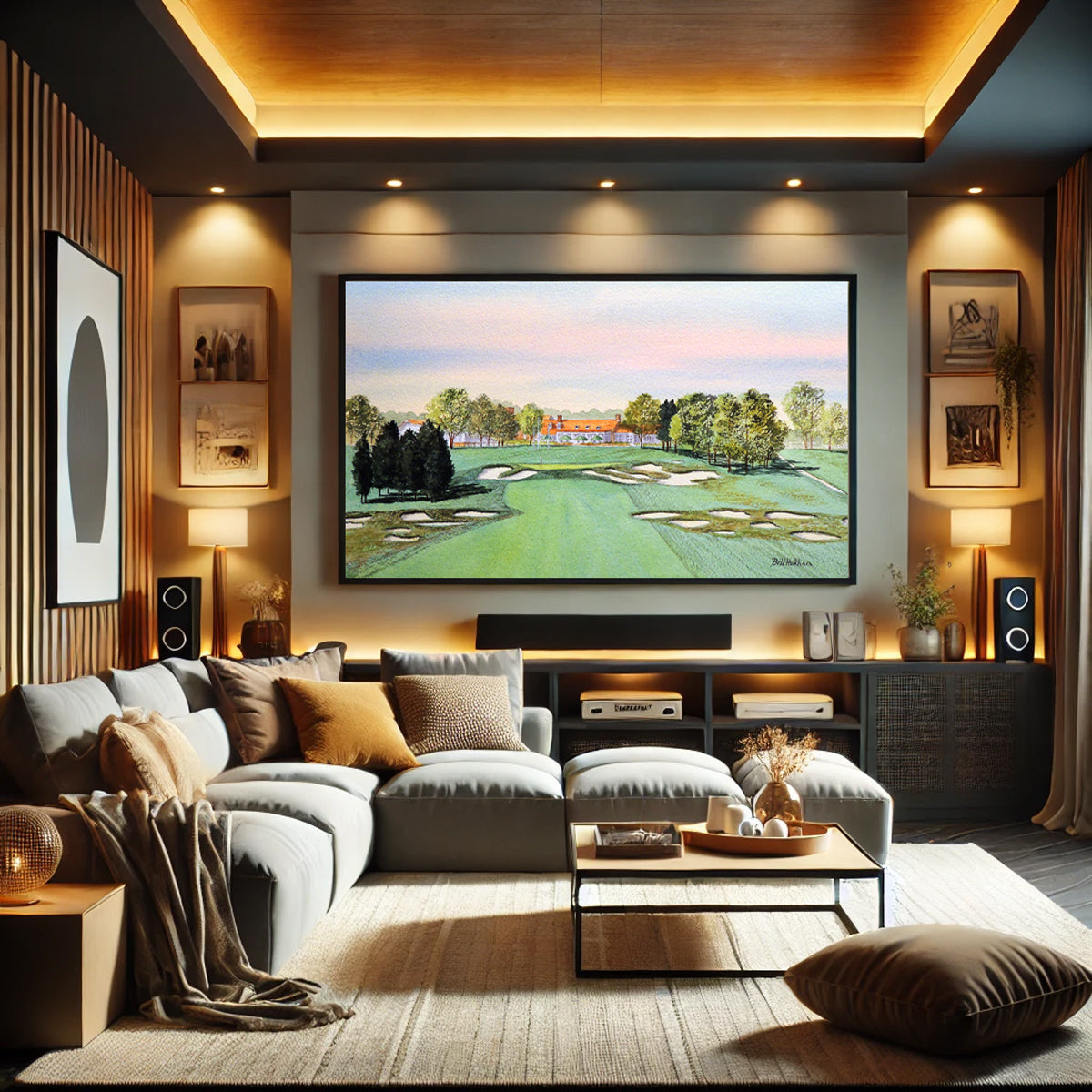 Golf-themed watercolor print of Bethpage Black Golf Course 18th Hole for office or study.