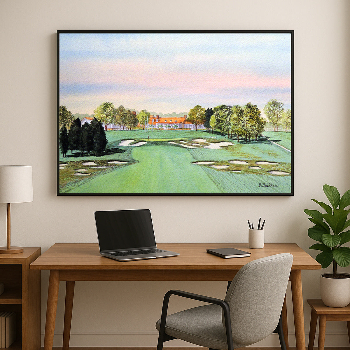 Scenic view of Bethpage Black Golf Course 18th Hole in unframed watercolor art style.