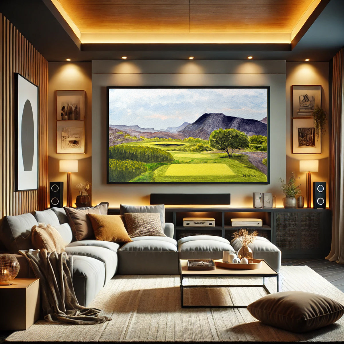 Golf-themed watercolor print of Black Jack's Crossing Golf Course Lajitas Texas for office or study.