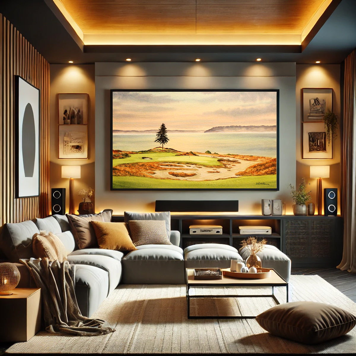 Golf-themed watercolor print of Chambers Bay Golf Course Hole 15 for office or study.