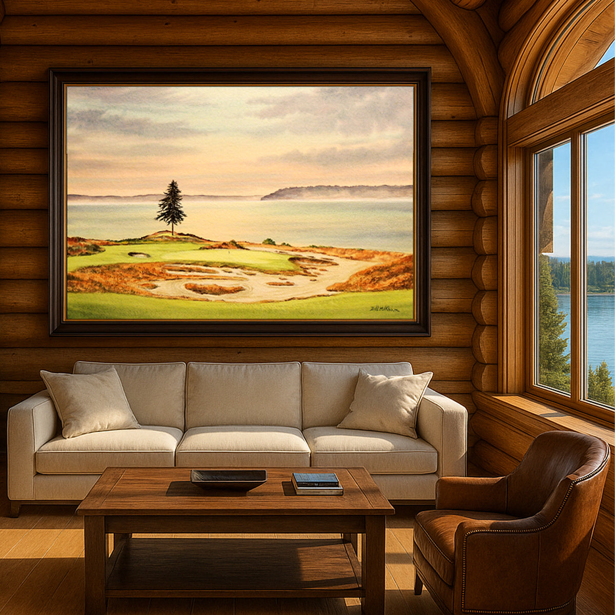 Scenic view of Chambers Bay Golf Course Hole 15 in unframed watercolor art style.