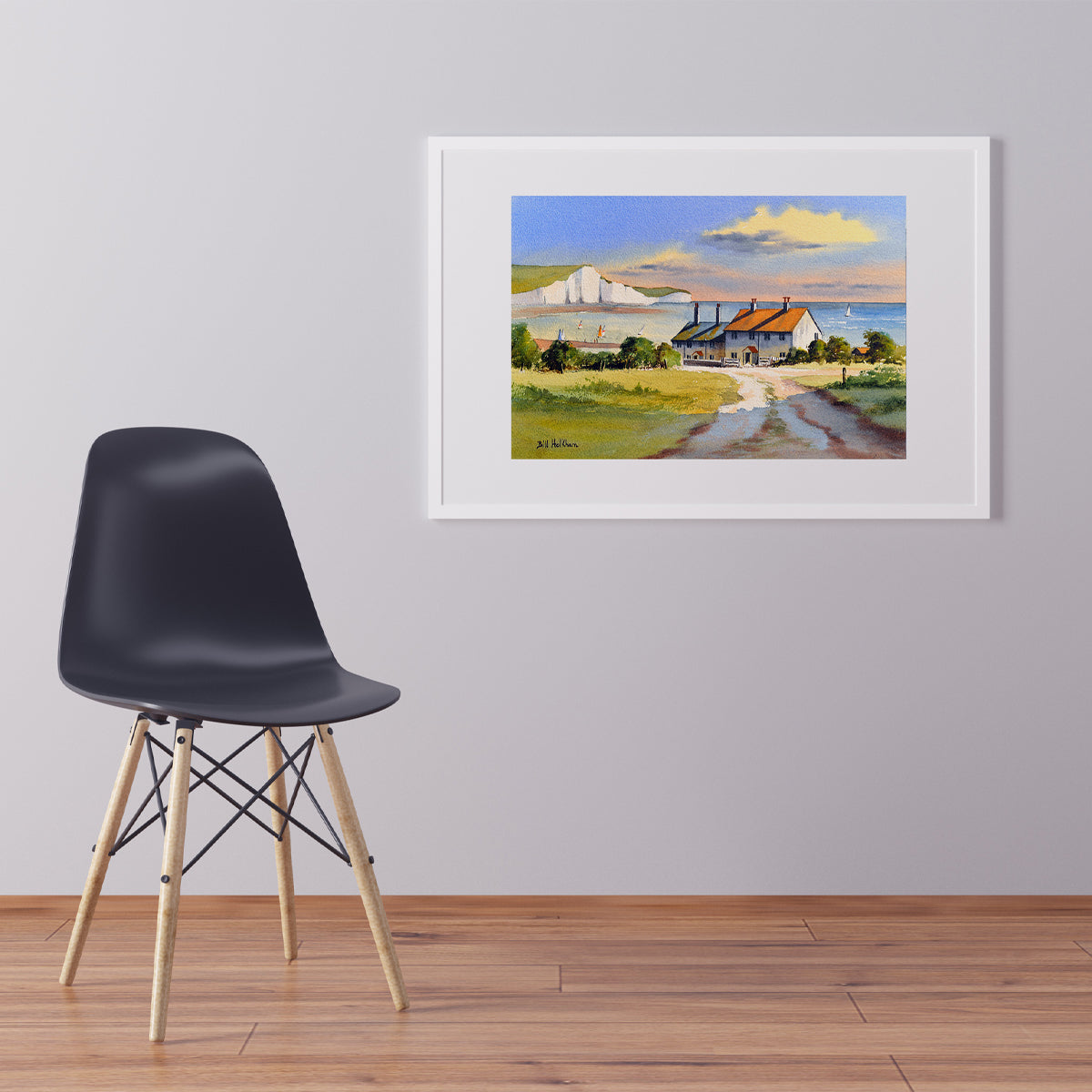 Beautiful watercolor of Cuckmere Haven cliffs and sea, great for English coastal wall decor themes.