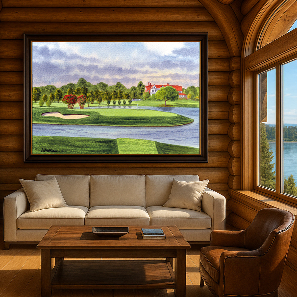 Scenic view of East Lake Golf Course Atlanta Georgia 15th Hole in unframed watercolor art style.