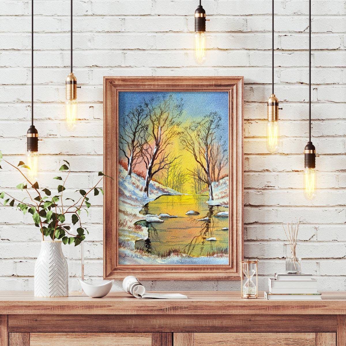 Peaceful English winter scene in watercolor, ideal for travel wall art or country cottage interiors.