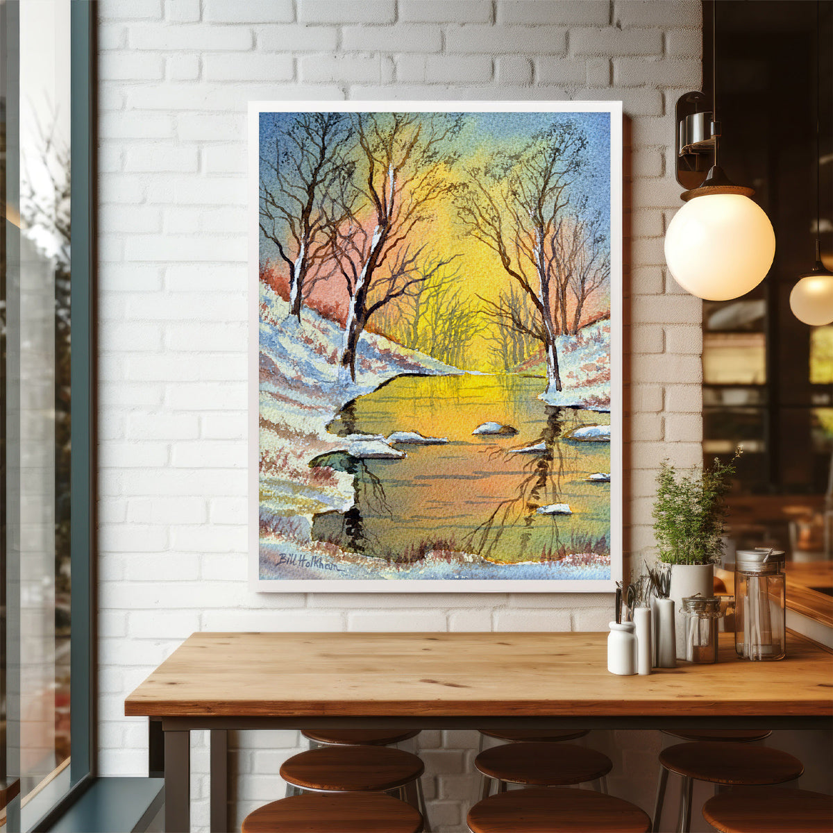 Watercolor art print of the first snow of winter in England, perfect for cozy seasonal home decor.