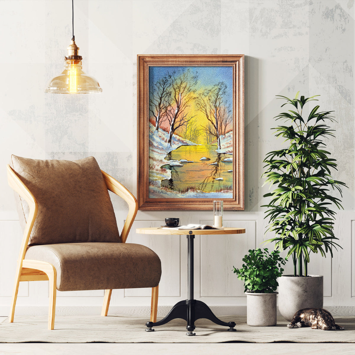 Charming snowy landscape watercolor print of England’s countryside, a lovely winter gift idea.