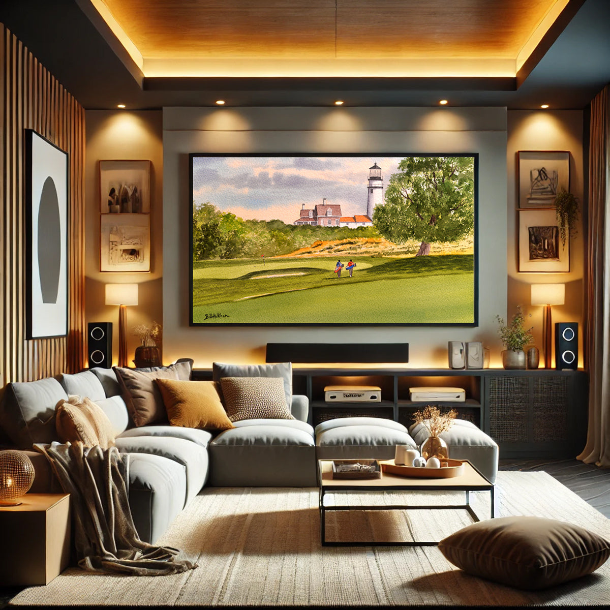 Golf-themed watercolor print of Highland Links Golf Course Truro Cape Cod MA 9th Hole for office or study.