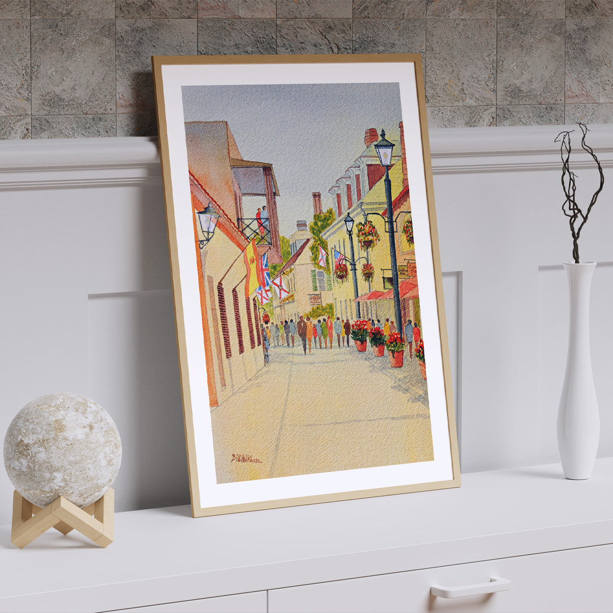 Detailed watercolor painting of historic St. Augustine’s Aviles Street, great for elegant home wall decor.