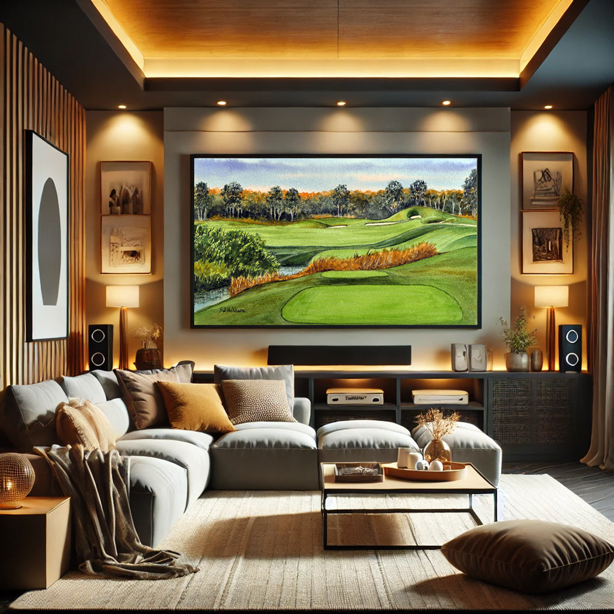 Golf-themed watercolor print of ». Indian River Preserve Golf Course Mims Florida for office or study.