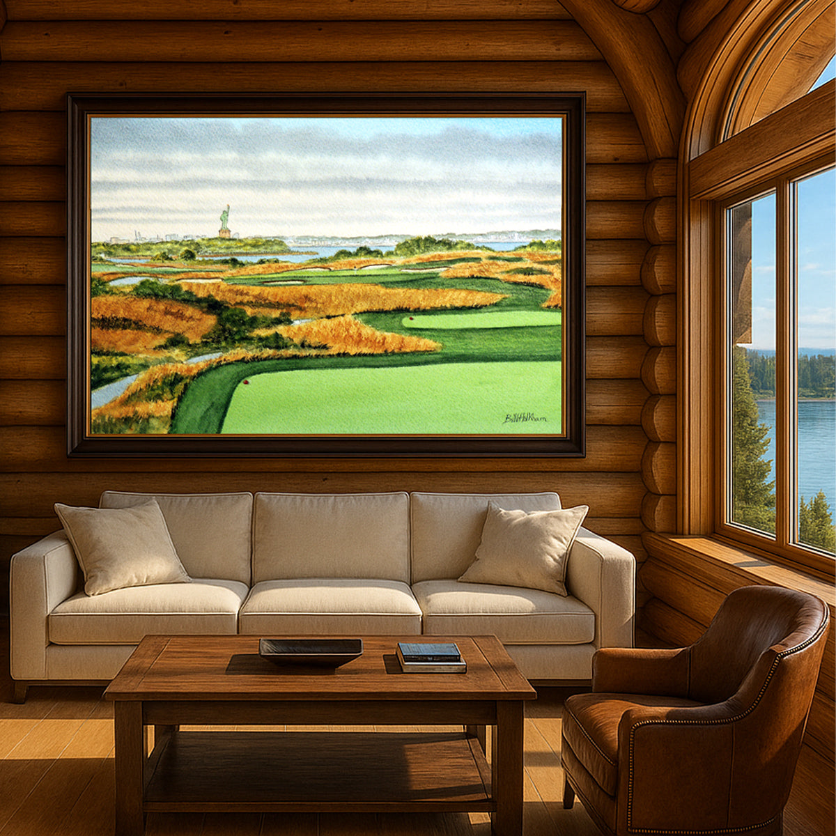 Scenic view of Liberty National Golf Course New Jersey Hole 14 in unframed watercolor art style.
