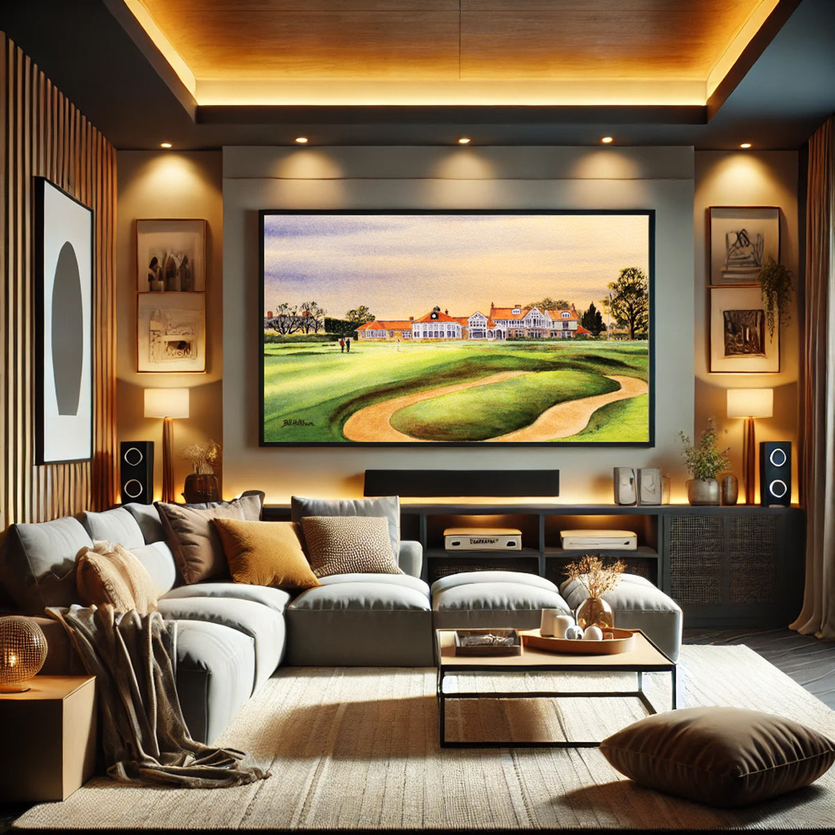 Perfect gift for golf lovers: Muirfield Golf Course With Golfers On 18th Green watercolor print.