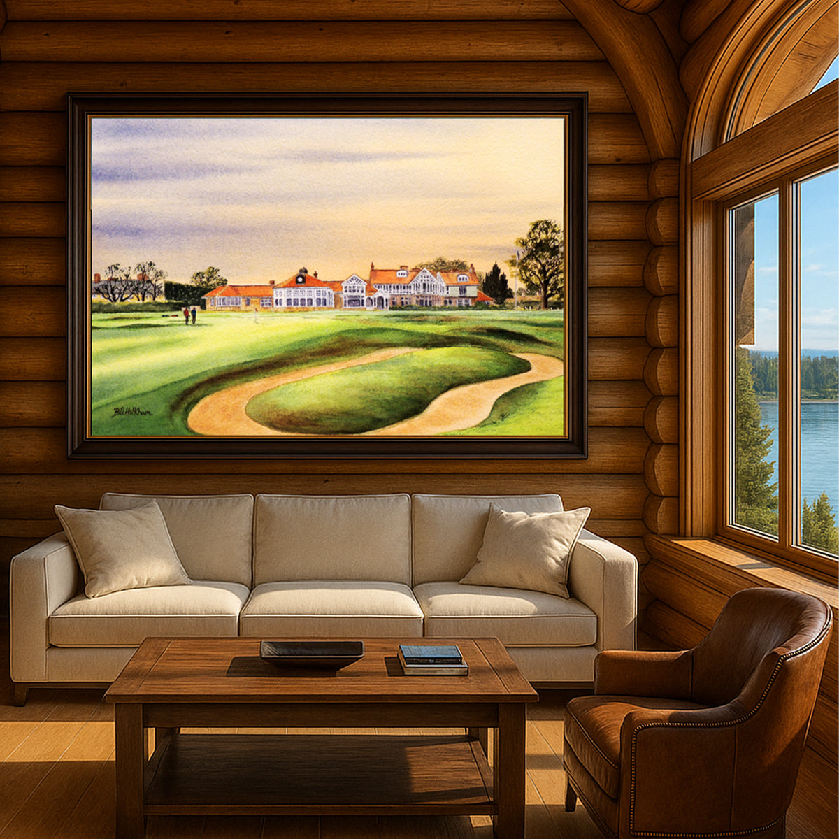 Scenic view of Muirfield Golf Course With Golfers On 18th Green in unframed watercolor art style.