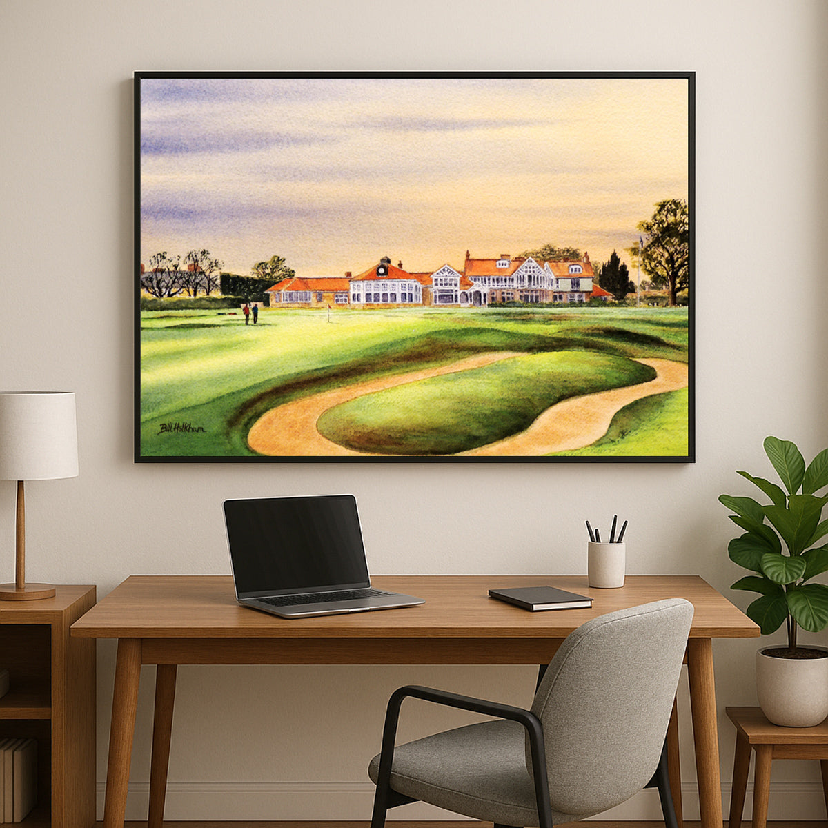 Golf-themed watercolor print of Muirfield Golf Course With Golfers On 18th Green for office or study.