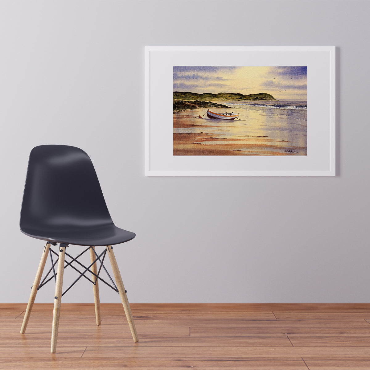 Scenic watercolor painting of a beach sunrise at Mull of Kintyre, ideal for travel-themed wall art.