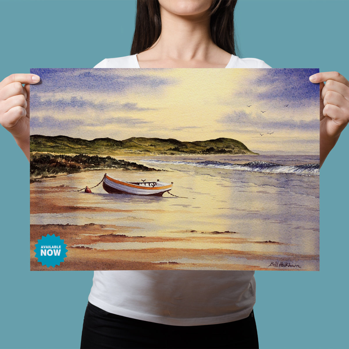 Watercolor art print of Mull of Kintyre sunrise over the beach, perfect for serene coastal home decor.