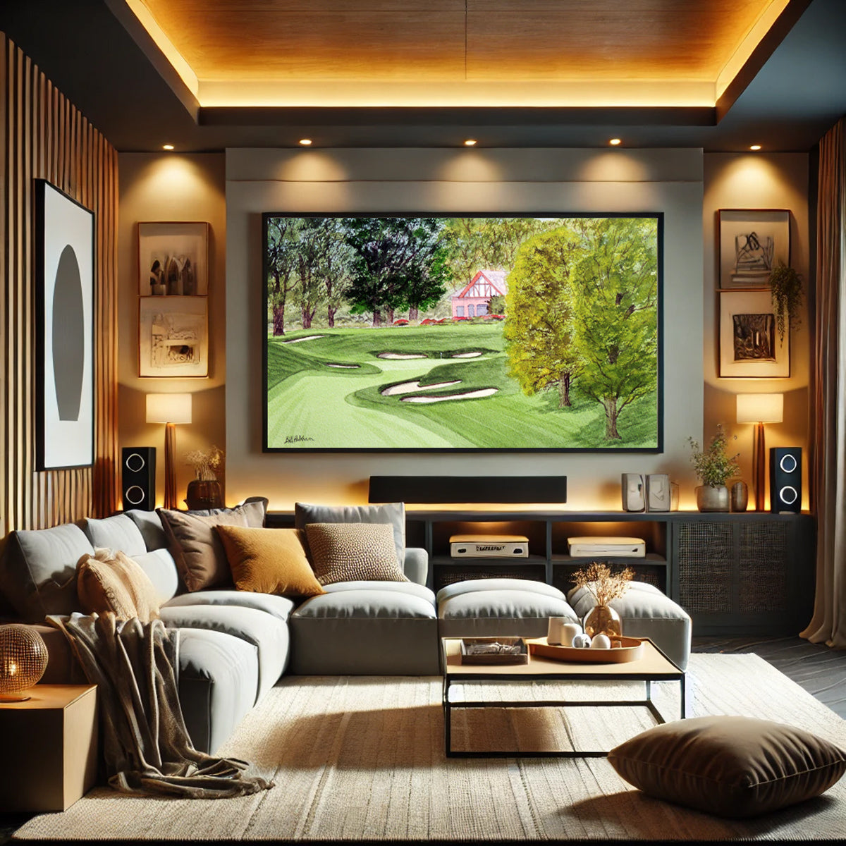 Golf-themed watercolor print of Oak Hill Golf Course Rochester NY 18th Hole for office or study.