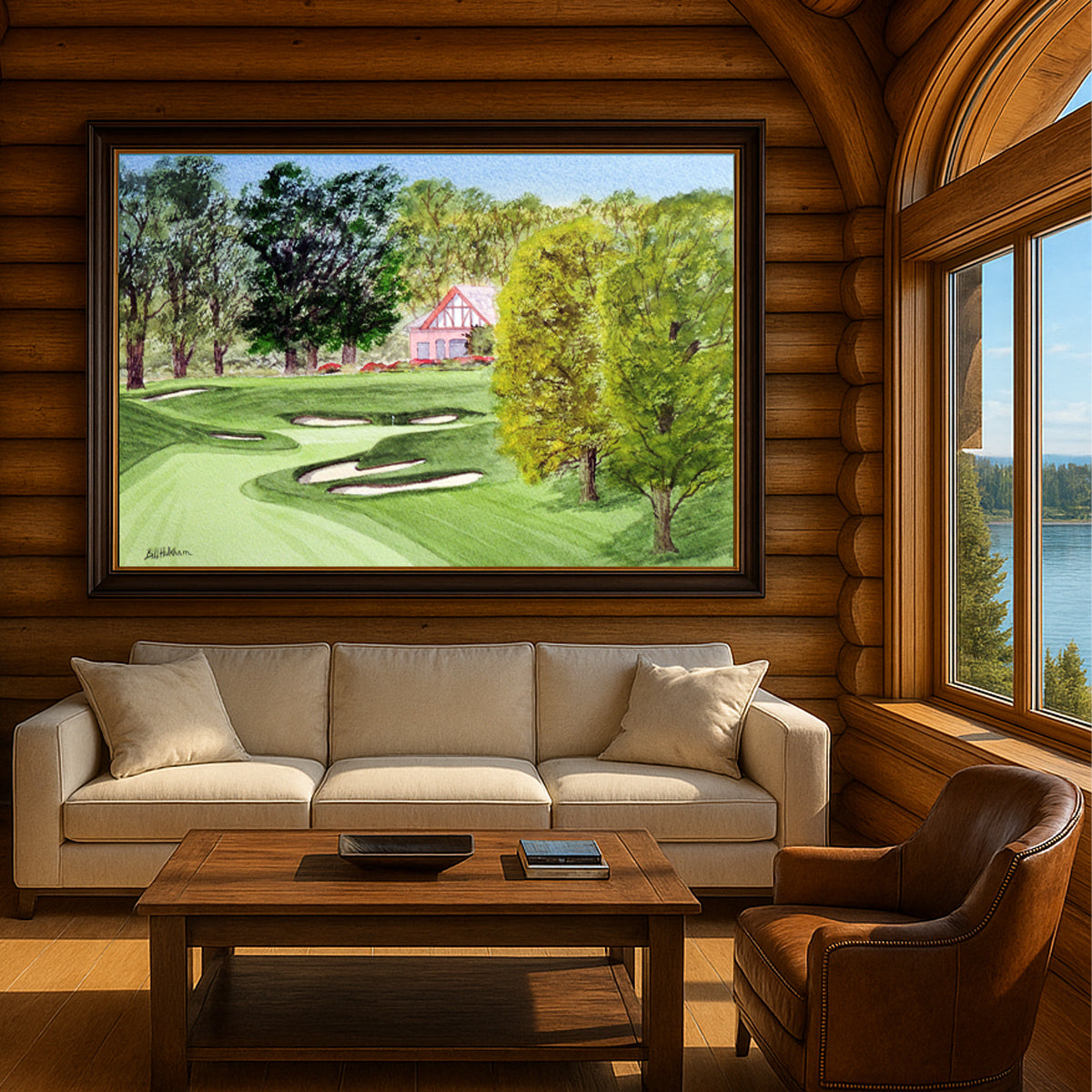 Scenic view of Oak Hill Golf Course Rochester NY 18th Hole in unframed watercolor art style.