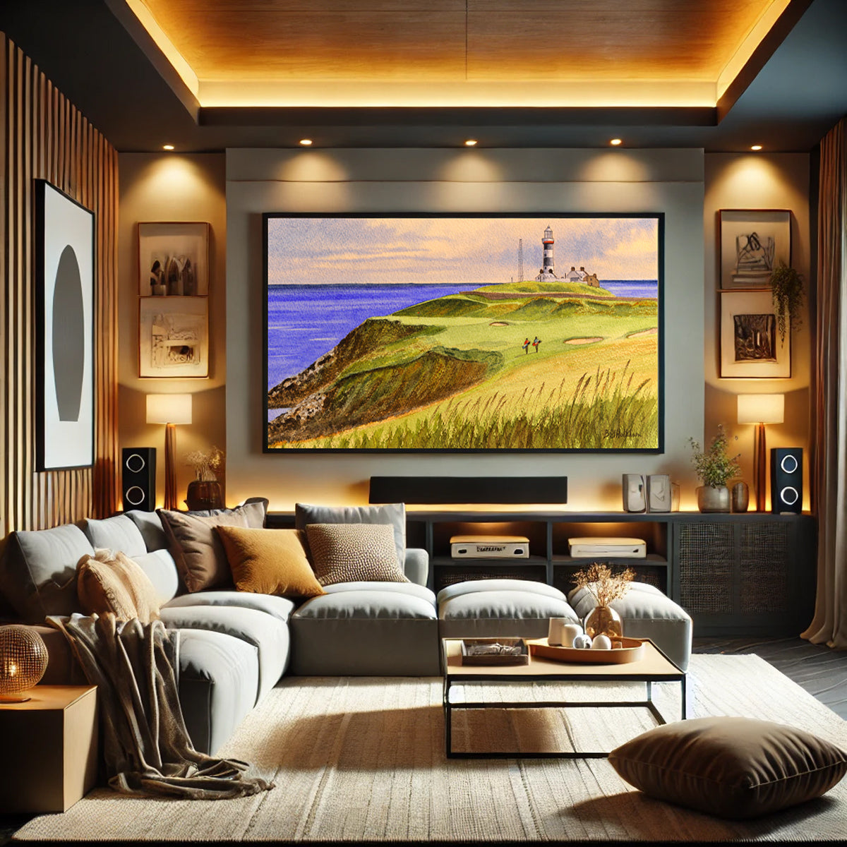 Golf-themed watercolor print of Old Head Golf Course 4th hole for office or study.