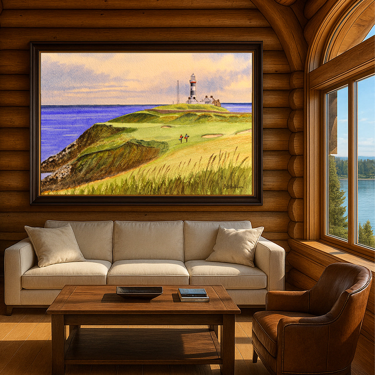 Scenic view of Old Head Golf Course 4th hole in unframed watercolor art style.