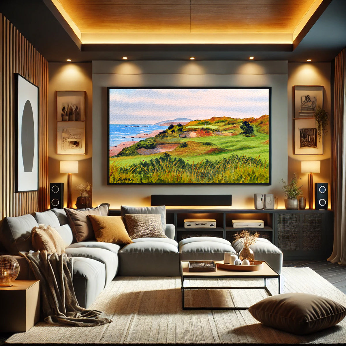 Golf-themed watercolor print of Pacific Dunes Golf Course Hole 11 for office or study.