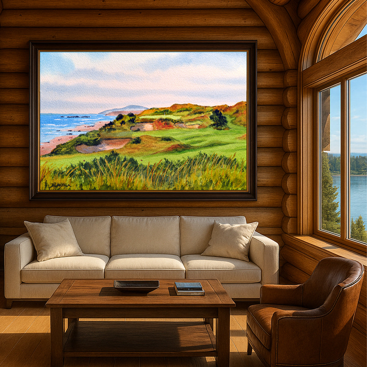 Scenic view of Pacific Dunes Golf Course Hole 11 in unframed watercolor art style.
