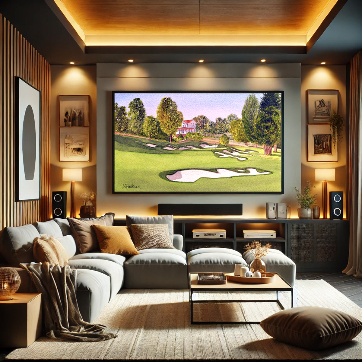 Golf-themed watercolor print of Pasatiempo Golf Course Hole 3 Santa Cruz for office or study.