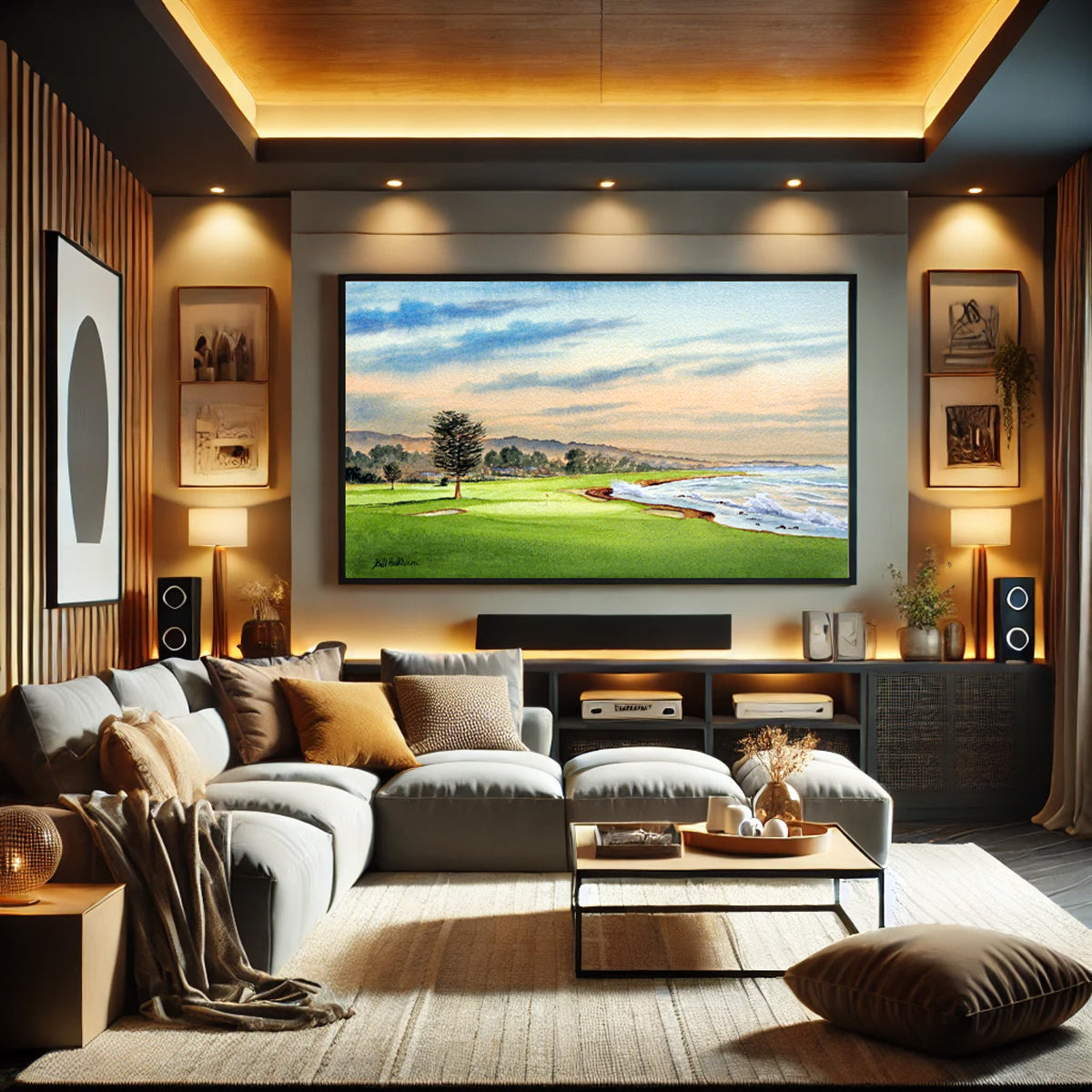 Unframed wall art painting of Pebble Beach Golf Course 18th Hole for home decor.