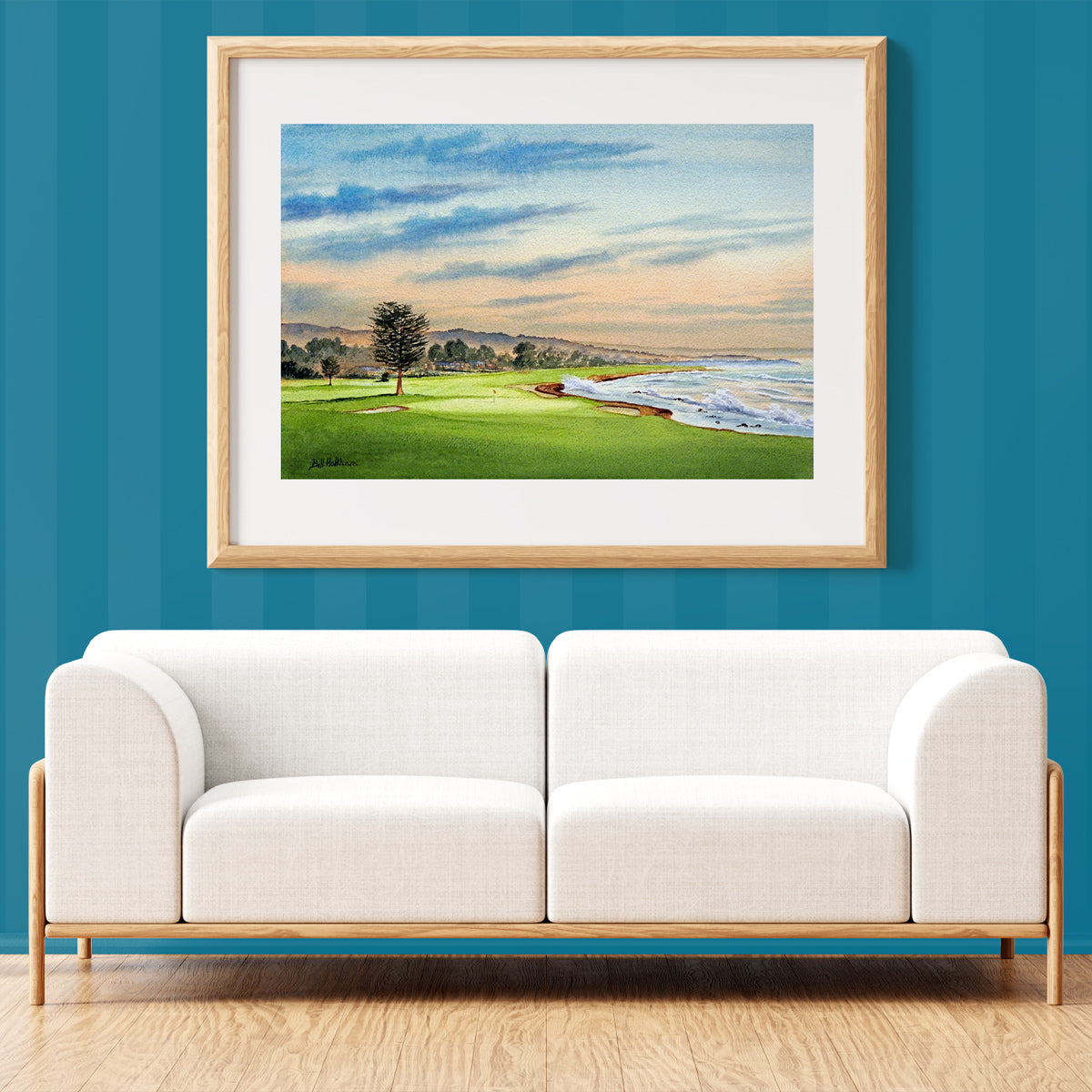 Golf-themed watercolor print of Pebble Beach Golf Course 18th Hole for office or study.