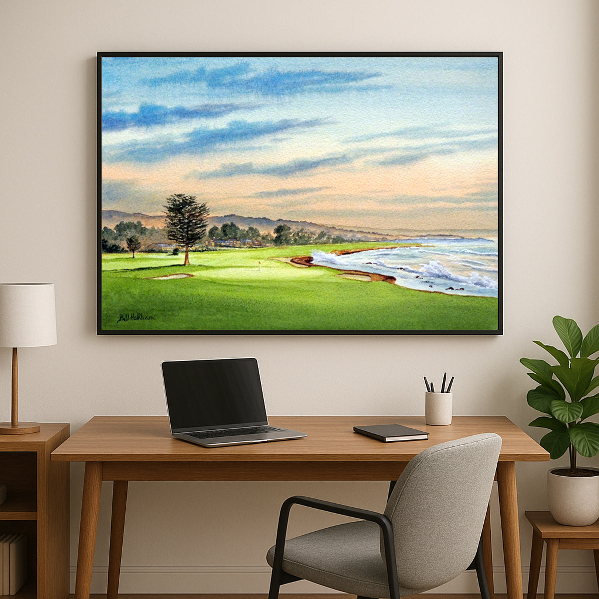Perfect gift for golf lovers: Pebble Beach Golf Course 18th Hole watercolor print.