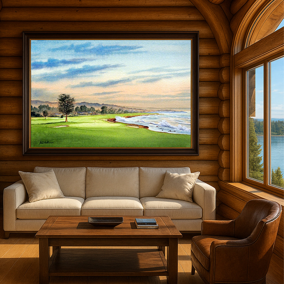 Scenic view of Pebble Beach Golf Course 18th Hole in unframed watercolor art style.