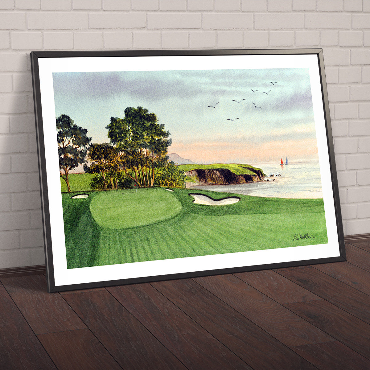 Watercolor art print of Pebble Beach Golf Course 5th Hole, unframed.
