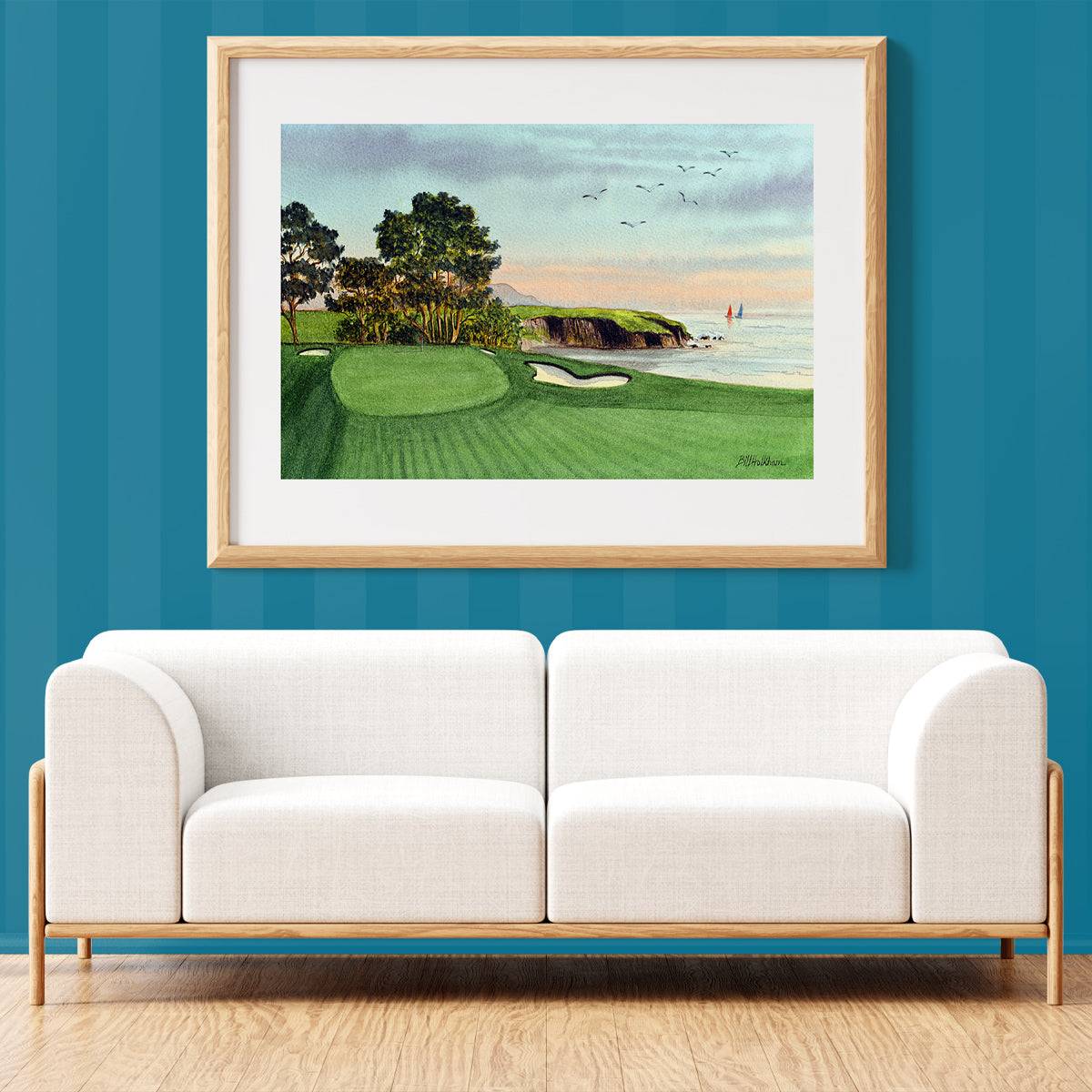 Unframed wall art painting of Pebble Beach Golf Course 5th Hole for home decor.