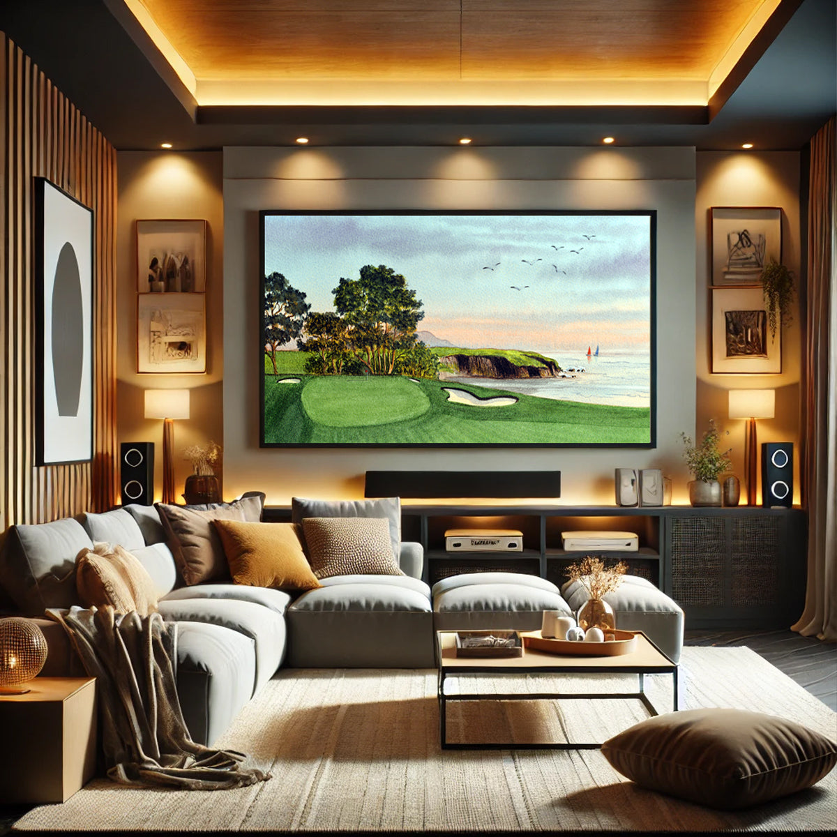 Golf-themed watercolor print of Pebble Beach Golf Course 5th Hole for office or study.