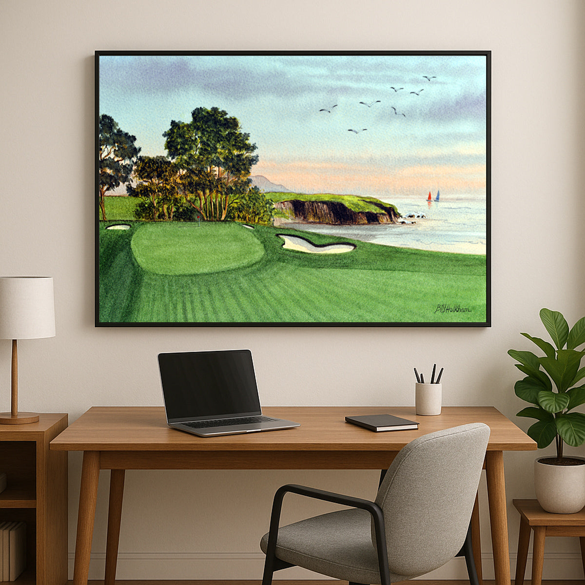 Perfect gift for golf lovers: Pebble Beach Golf Course 5th Hole watercolor print.