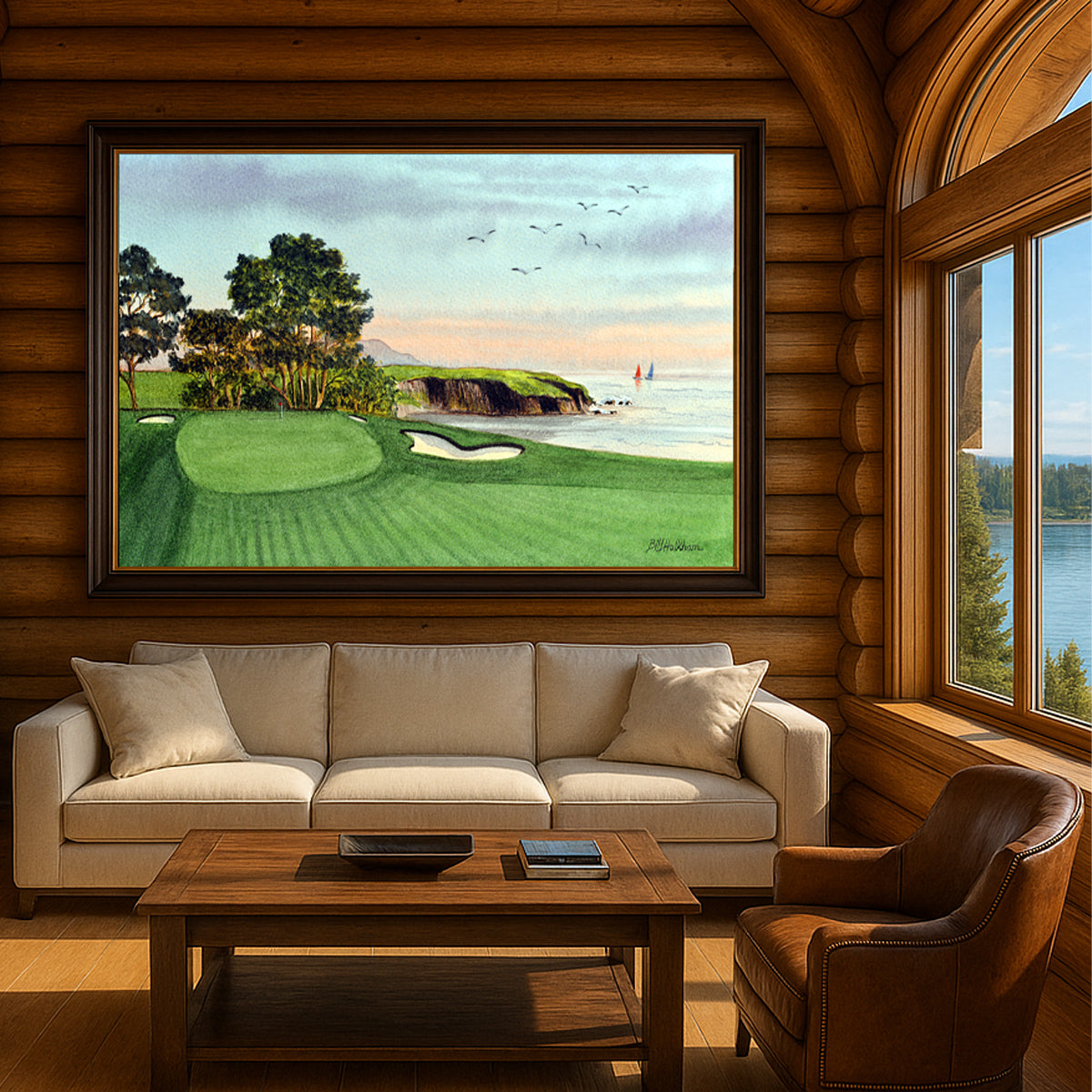 Scenic view of Pebble Beach Golf Course 5th Hole in unframed watercolor art style.