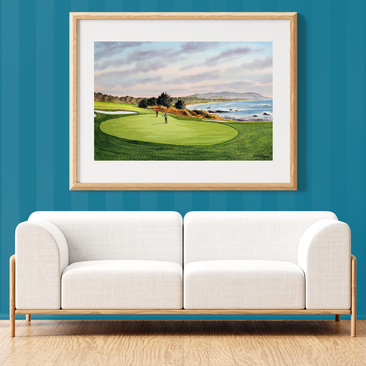 Golf-themed watercolor print of Pebble Beach Golf Course 8th Green for office or study.
