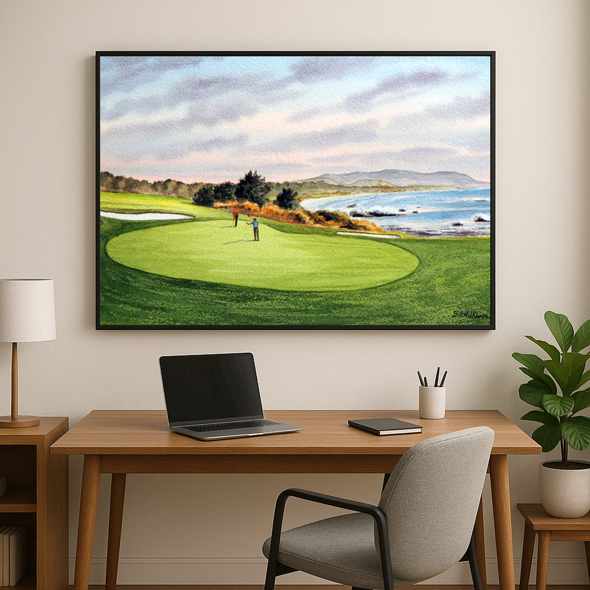 Scenic view of Pebble Beach Golf Course 8th Green in unframed watercolor art style.