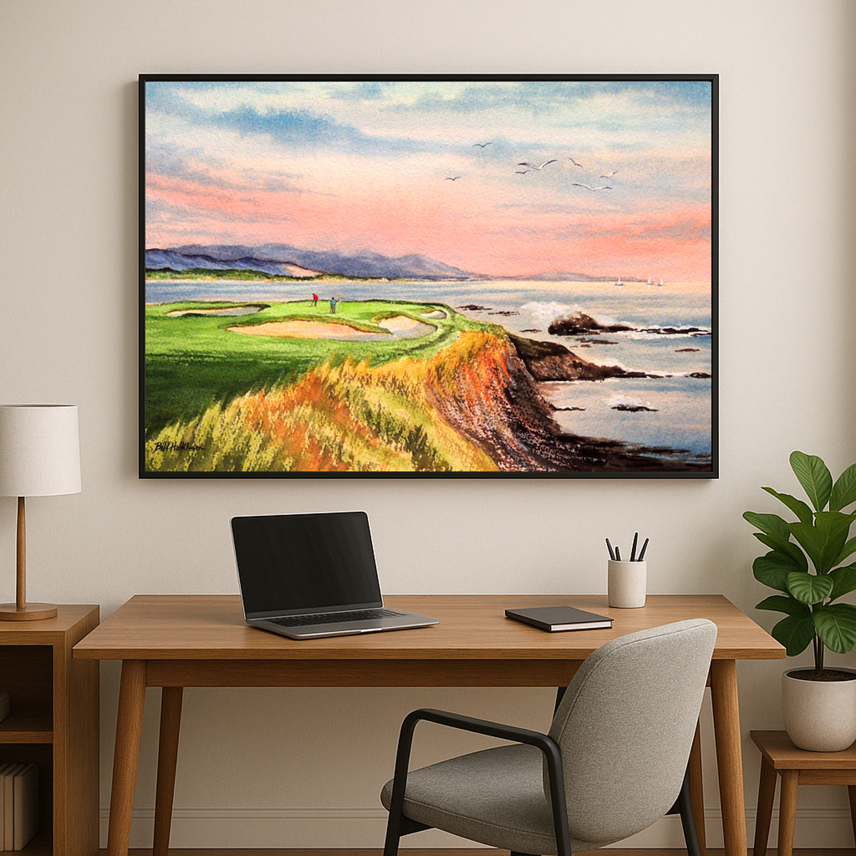 Perfect gift for golf lovers: Pebble Beach Golf Course California watercolor print.