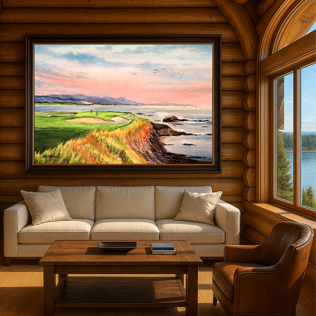 Scenic view of Pebble Beach Golf Course California in unframed watercolor art style.