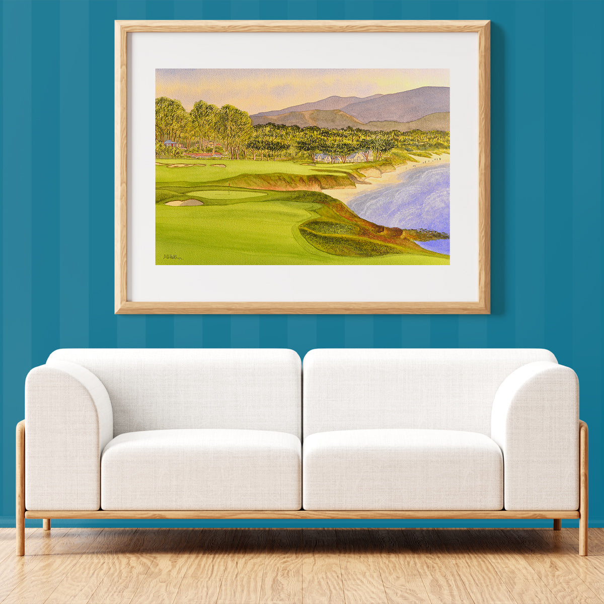 Unframed wall art painting of Pebble Beach Golf Course Holes 9 and 10 for home decor.