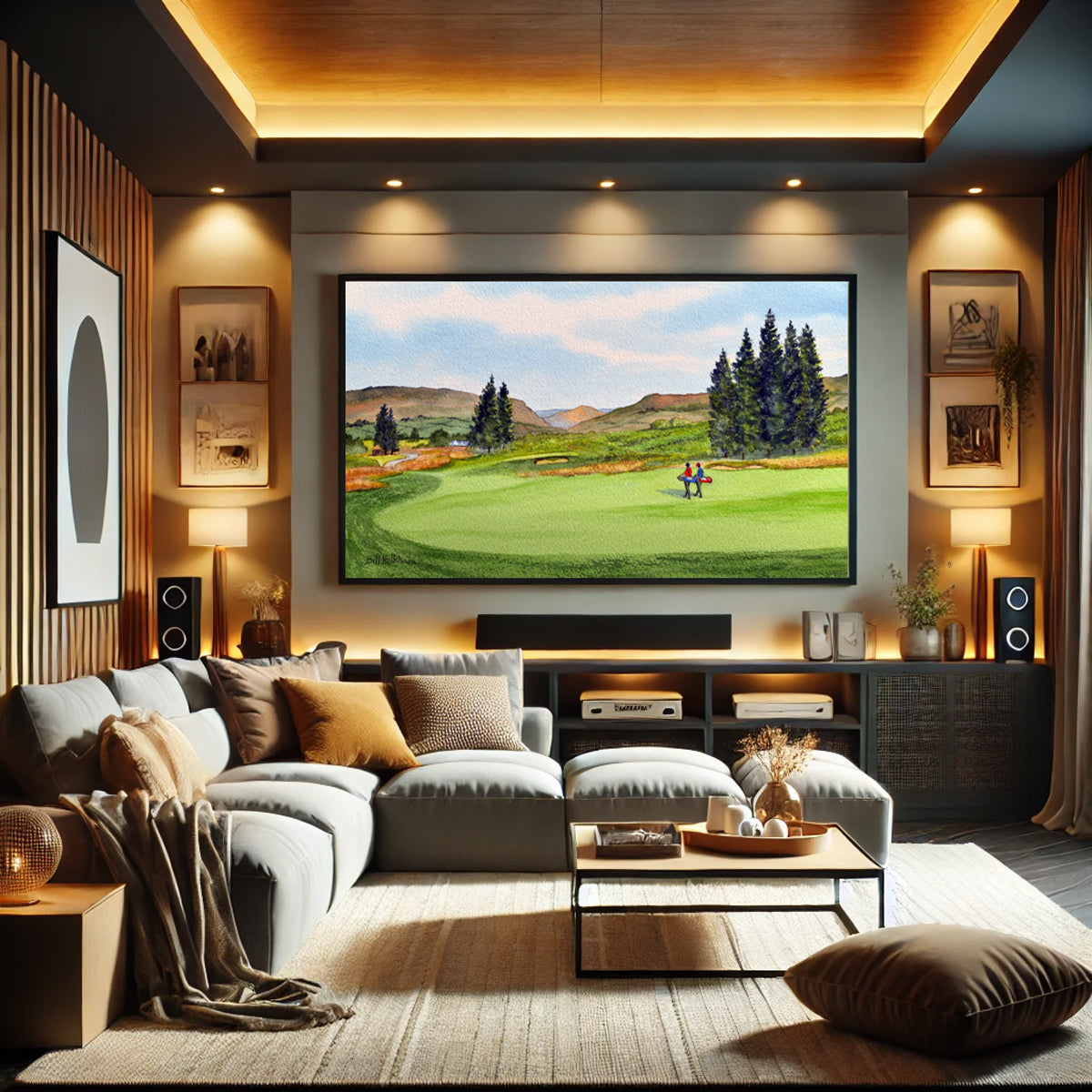 Golf-themed watercolor print of PGA Centenary Golf Course Gleneagles Scotland 1st Hole for office or study.