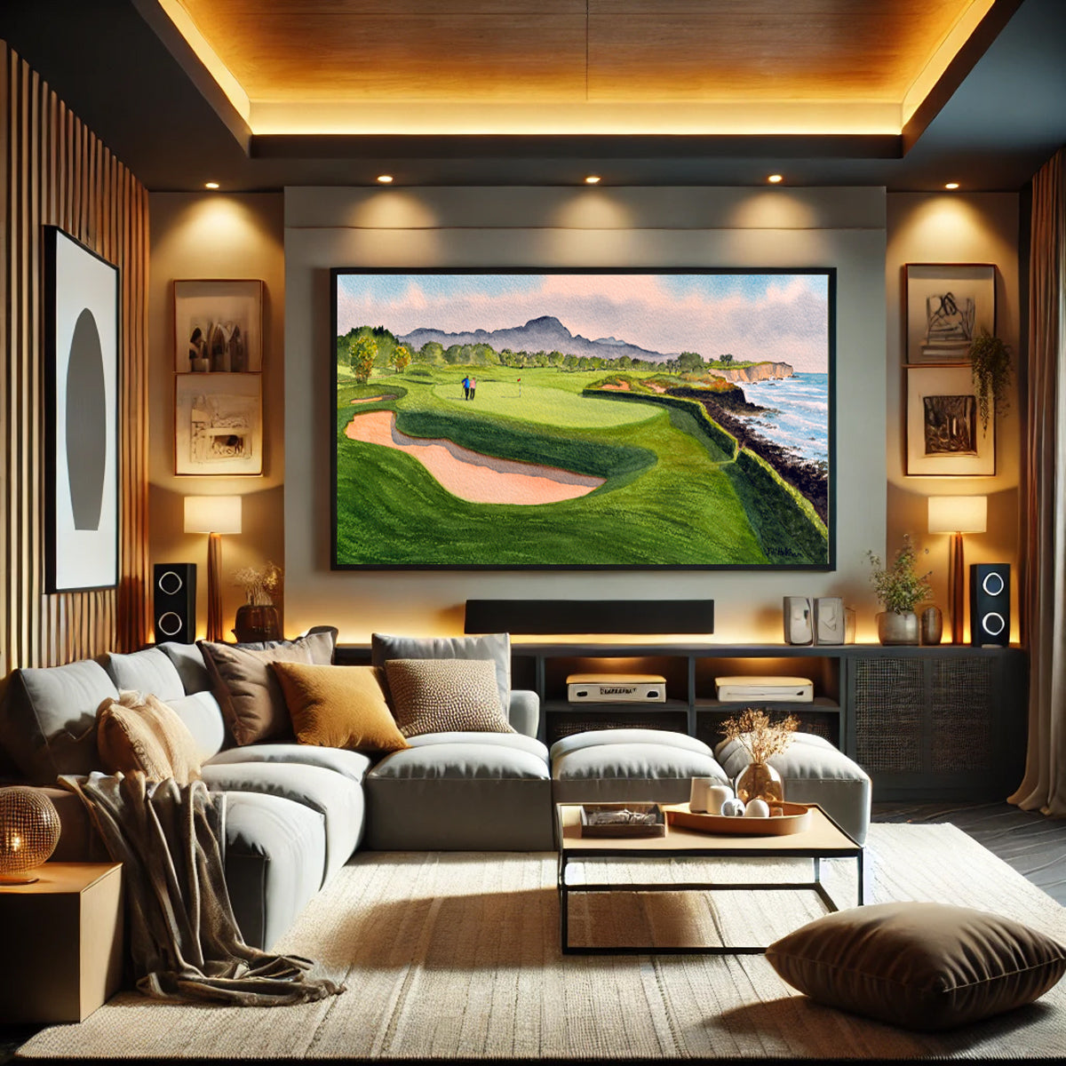 Golf-themed watercolor print of Poipu Golf Course Koloa Hawaii for office or study.