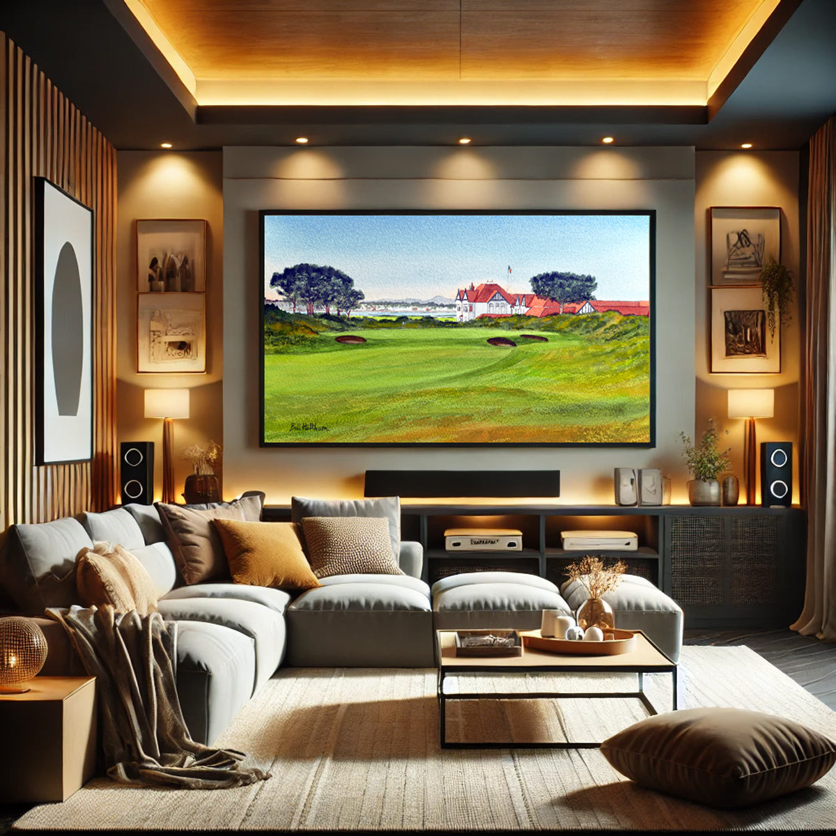 Unframed wall art painting of Portmarnock Golf Course County Dublin Ireland 18th Hole for home decor.