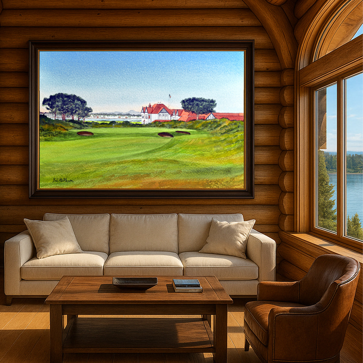 Scenic view of Portmarnock Golf Course County Dublin Ireland 18th Hole in unframed watercolor art style.
