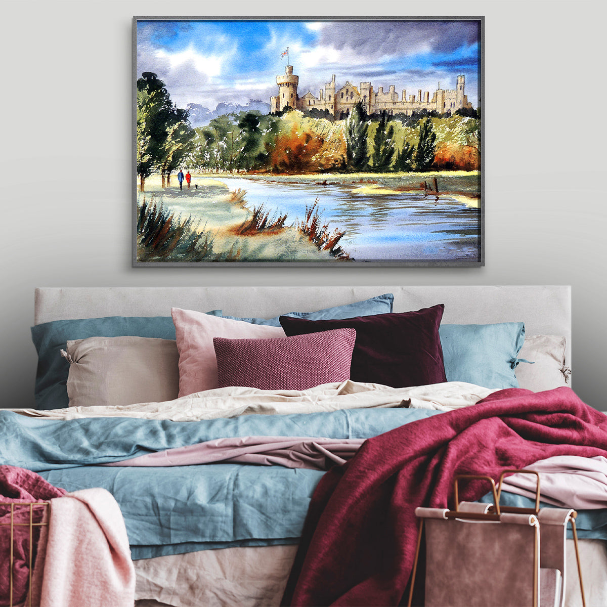 Scenic watercolor landscape of Arundel Castle along the riverbank, ideal for elegant wall art.