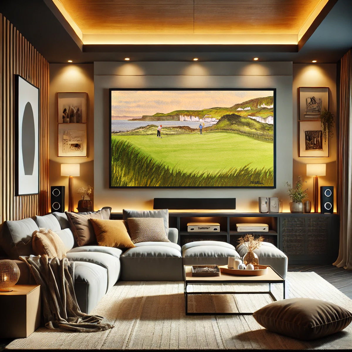 Golf-themed watercolor print of Royal Portrush Golf Course 5th Hole for office or study.